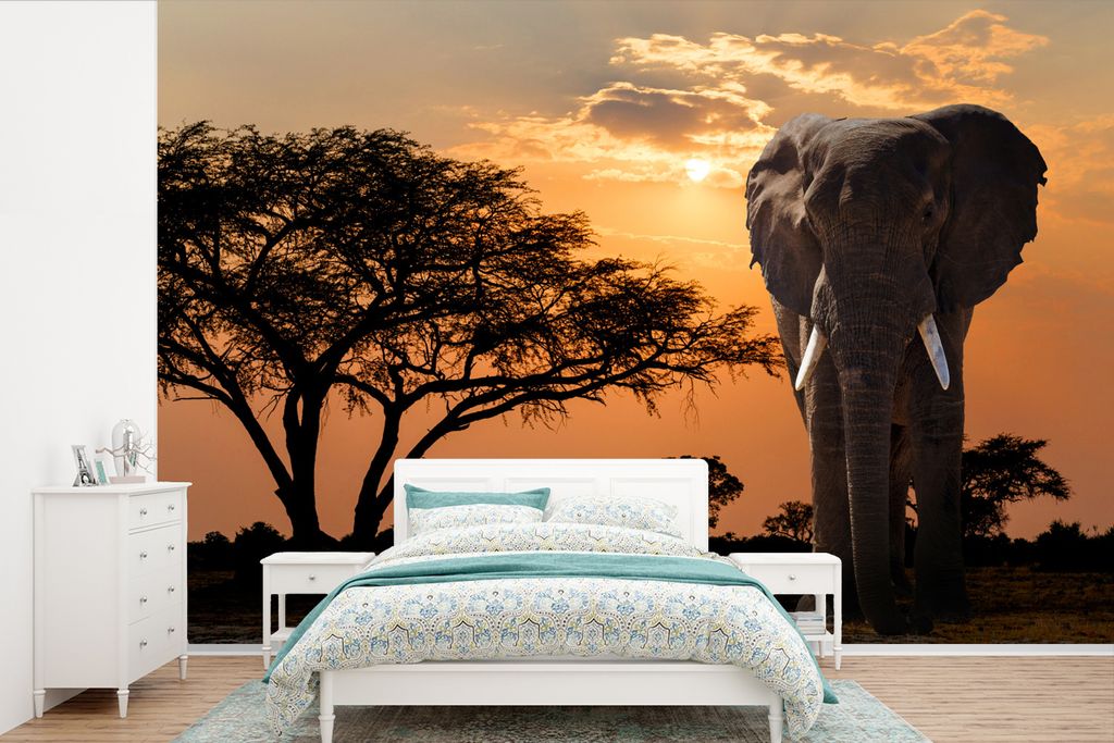 MuchoWow Fototapete für Wohnzimmer oder Schlafzimmer Wandtapete Vinyl Motivtapete Elefant - Baum - Afrika - 360x240 cm - Vinyl-Tapete