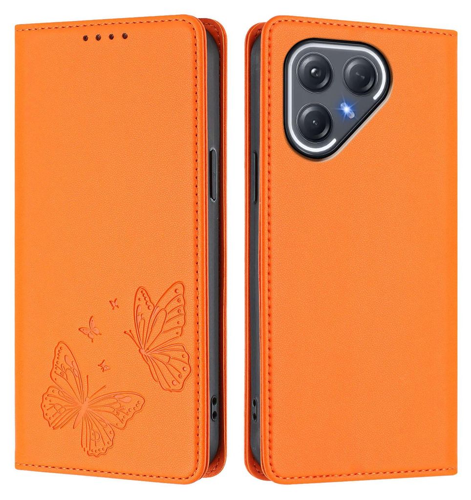 Lederhülle für Tecno Pova 7 Ultra, Schmetterling Prägung Leder Brieftasche Schutzhülle mit Ständer Orange