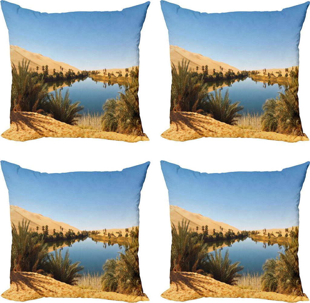 ABAKUHAUS Wüste Kissenbezug Set (4 Stück), Idyllische Oasis Awbari, Moderner Doppelseitiger Digitaldruck, 60 cm x 60 cm, Sand Braun Hellblau