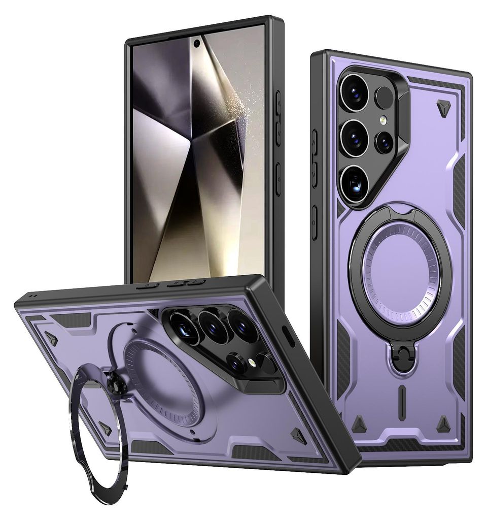 Dual Layer Hülle für Samsung Galaxy S24 Ultra Metall Ring Ständer Magnetisch Stoßfest Militär Handyhülle Lila