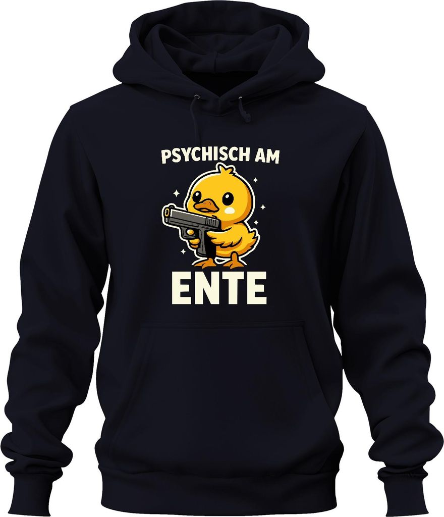 Psychisch am Ente Entchen mit Pistole Lustig Meme Frech Gag Retro Uni Hoodie Kapuzenpullover, Navy, XXL