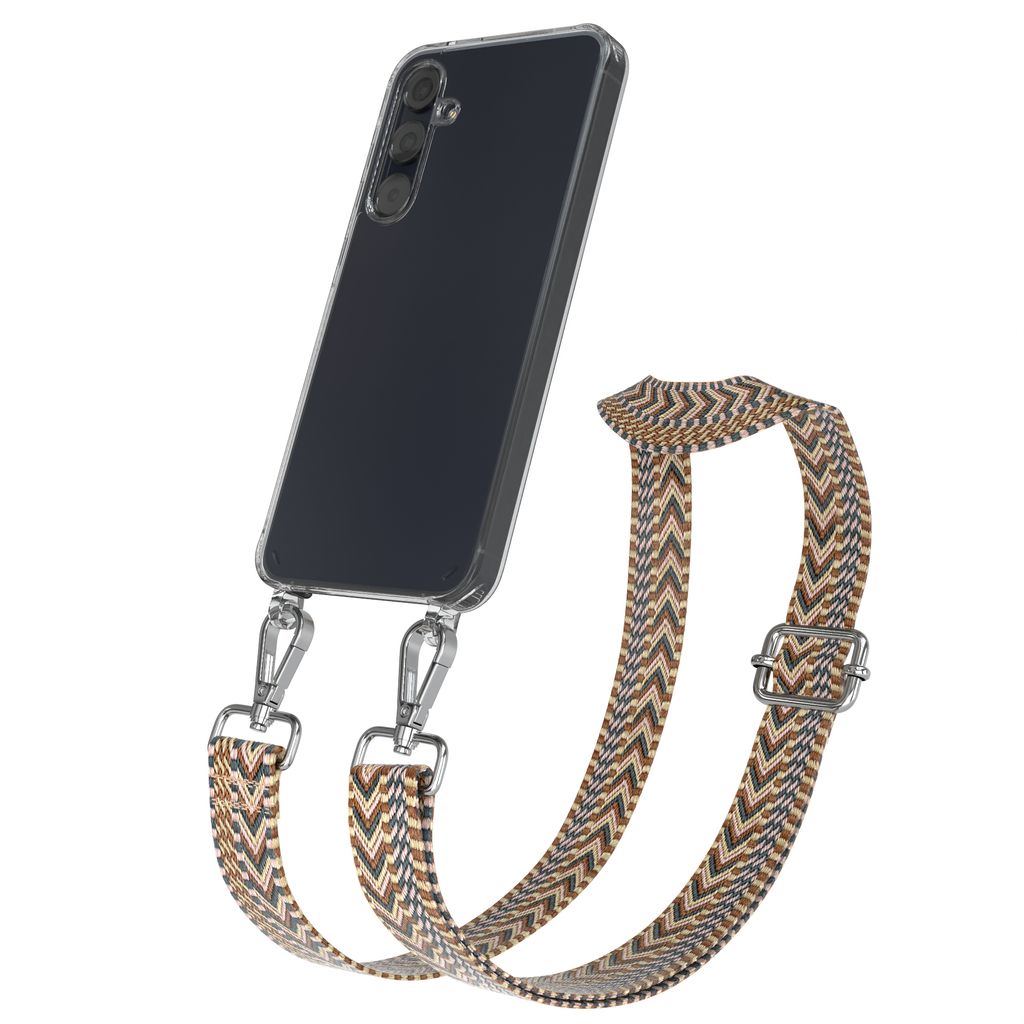 EAZY CASE Handykette - Verstellbarer Trageriemen kompatibel mit Samsung Galaxy A55, Handykordel mit transparenter Silikon-Hülle, Band in Braun