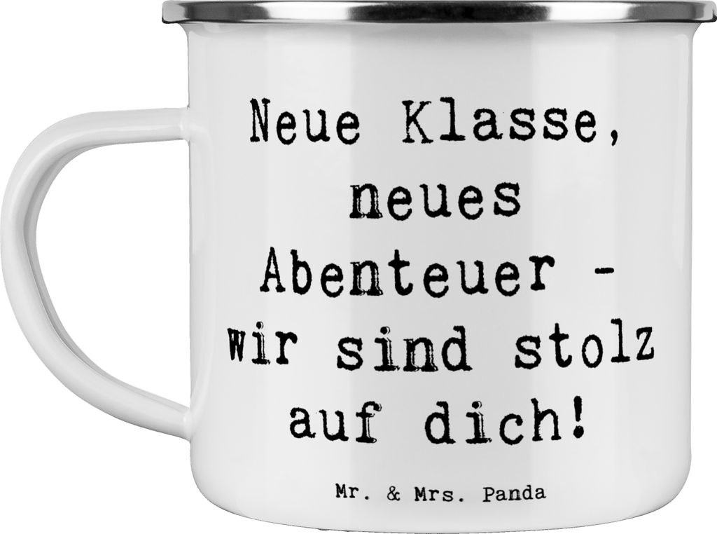 Mr. & Mrs. Panda metallbecher Spruch Erster Schultag Abenteuer - Weiß - Geschenk, Pott, Vertrauem, Haferl, Mut, Tiermotive, Trost, becher emaille,...