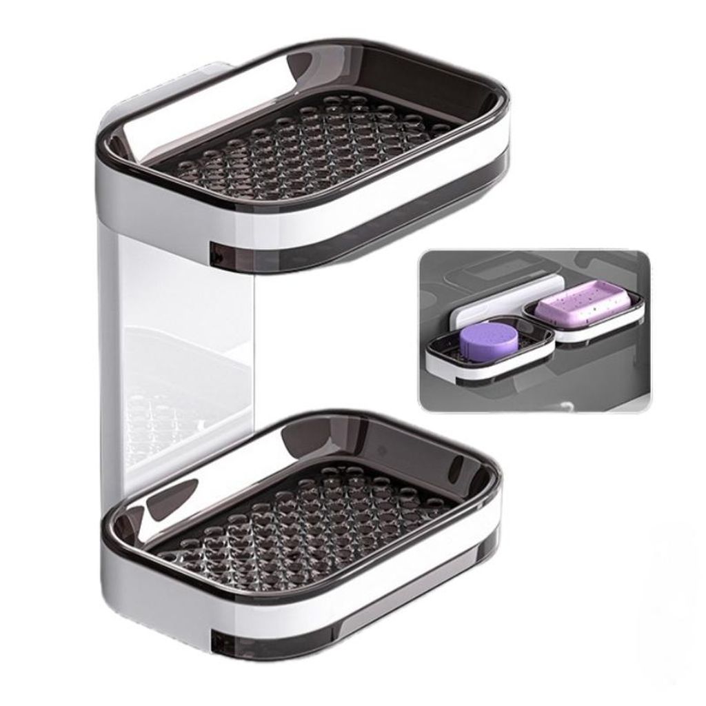 Seifenablage ohne Bohren, Wandregal Bad, Wasserablauf, Abnehmbar, Wasserdichtes Regal, Doppellagig, Grau