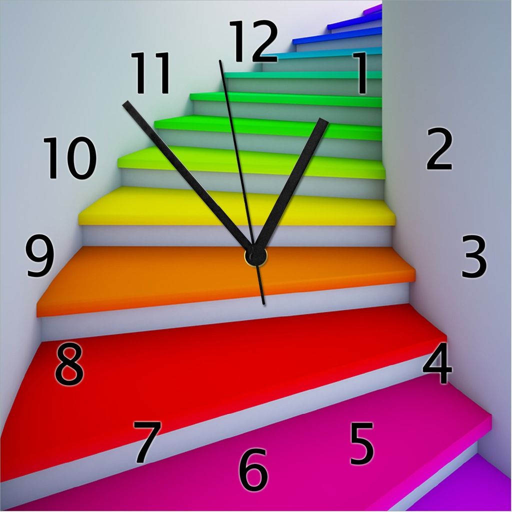 Wallario Design Wanduhr Bunte Treppe aus Echtglas, Größe 30 x 30 cm