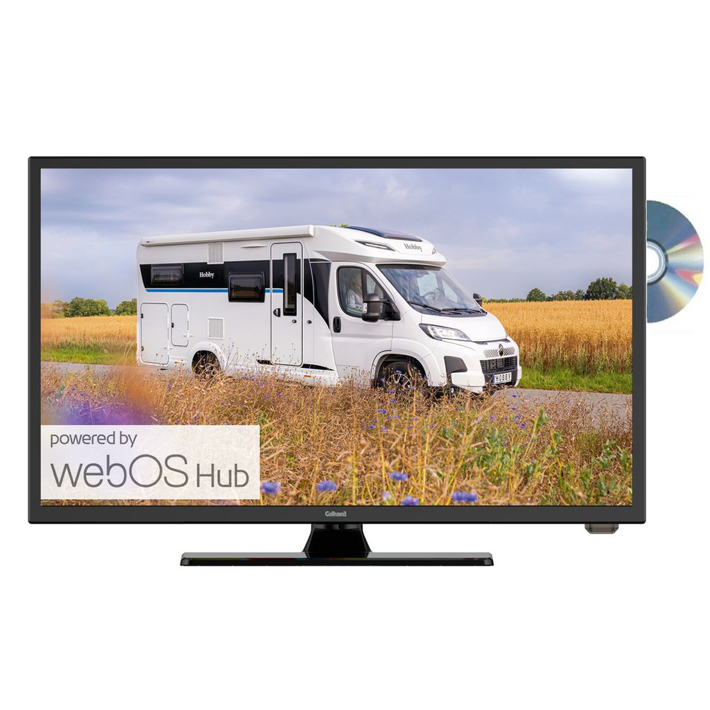 A TV screen displaying a campervan in a field, with a DVD disc next to it.