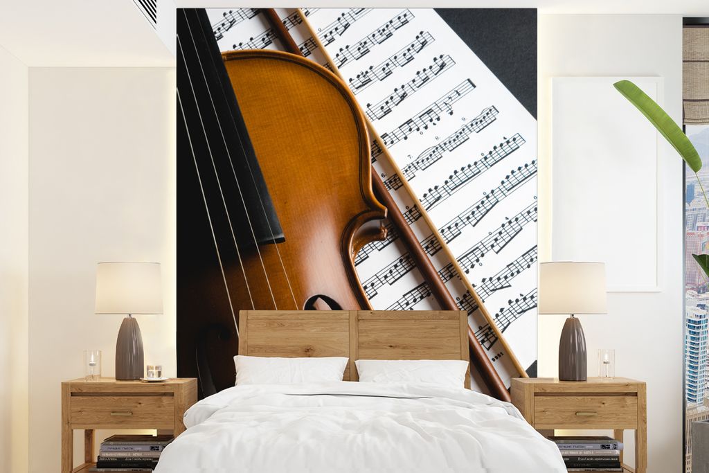 MuchoWow Fototapete für Wohnzimmer oder Schlafzimmer Wandtapete Vinyl Motivtapete Geige auf schwarzem Hintergrund mit Notenblatt - 190x260 cm - ...