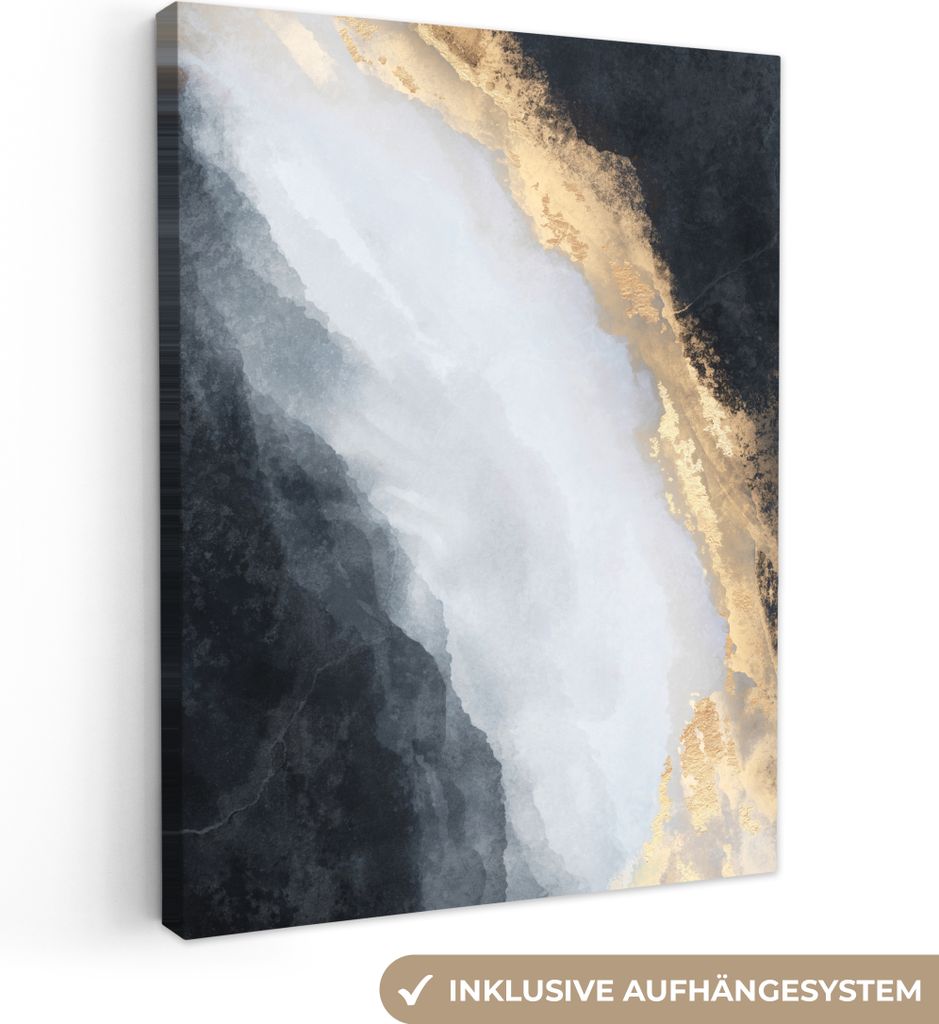 MuchoWow - Leinwandbilder - Abstrakt - Farbe - Gold - Schwarz - Marmor, Wandbild, Wanddeko Bilder Wohnzimmer, 90x120 cm
