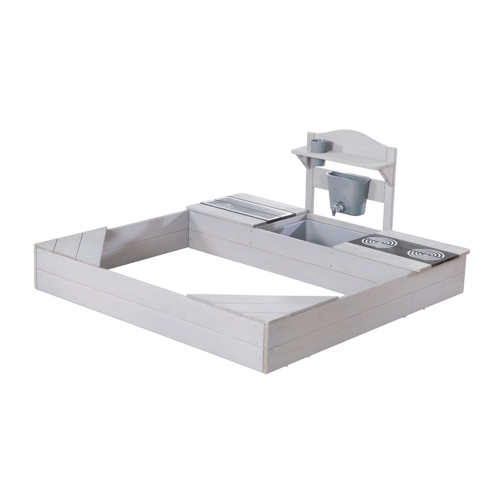 roba Sandkasten aus Holz inkl. Matschküche & Abdeckplane - Sandkiste mit Spielwanne & bedruckten Herdplatten - Wetterfestes Holz grau lasiert