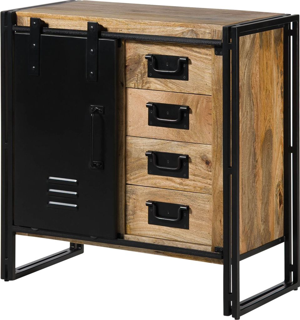 MASSIVMOEBEL24 Kommode Mango 90x45x90 natur klar lackiert / Metall schwarz BLACKBURN #108