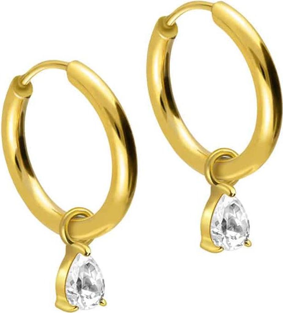 Chirurgenstahl Ohrclicker Creolen EINGEFASSTER KRISTALLTROPFEN Gold Innendurchmesser: 12mm + Designstärke: 2mm