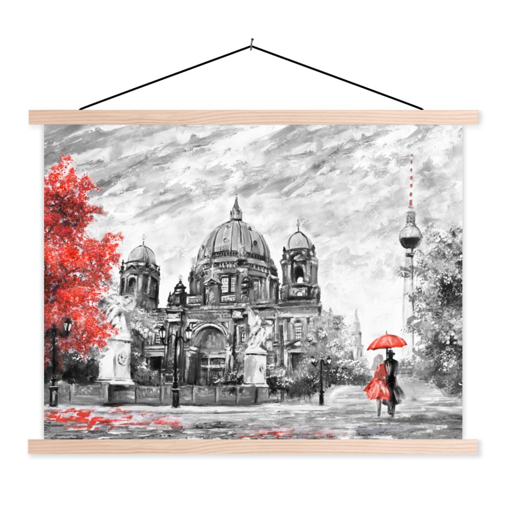 MuchoWow Textilposter Malerei - Architektur - Baum - Rot 120x90 cm mit holzfarbenen Rahmen - Magnetisch