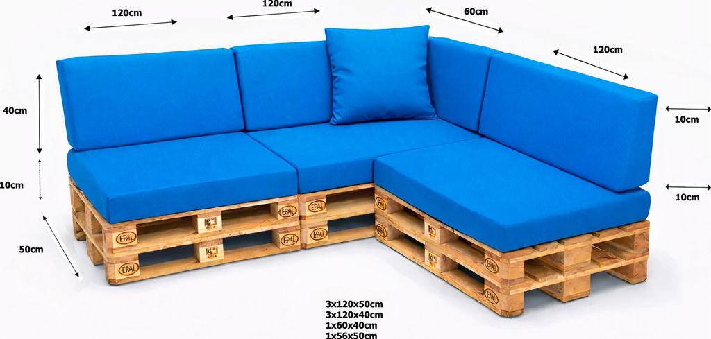 Setgarden Large Palettenkissen 8er Set Outdoor 120x50x10cm Sitzkissen + Rückenkissen 120x40x10cm 1tlg Blau