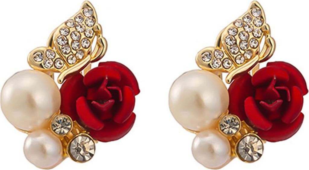 Ohrringe, rote Rose, Kunstperlen-Dekor, exquisite Legierung, Ohrstecker, Schmuck, Geschenk für Party