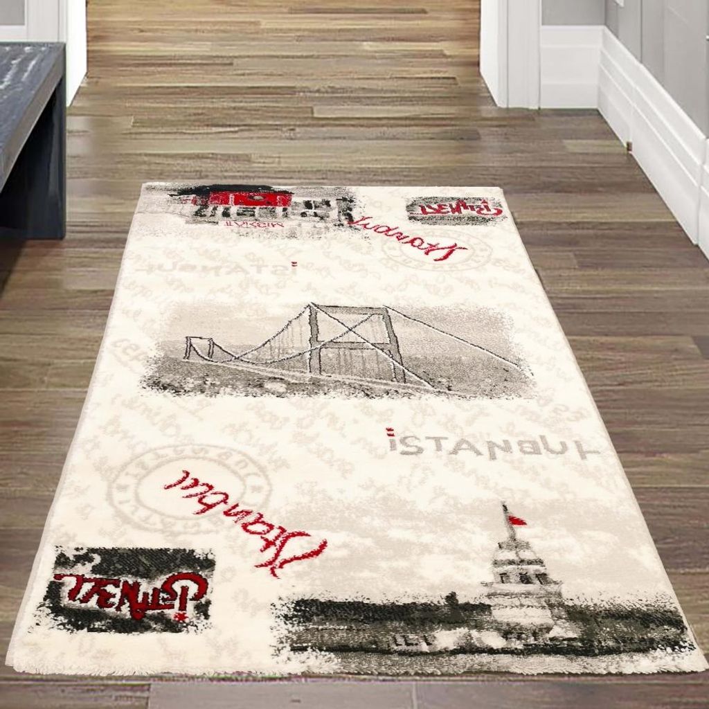 Moderner Teppich Istanbul Motiv Grau Creme mit roten Akzenten Größe - 60 x 110 cm