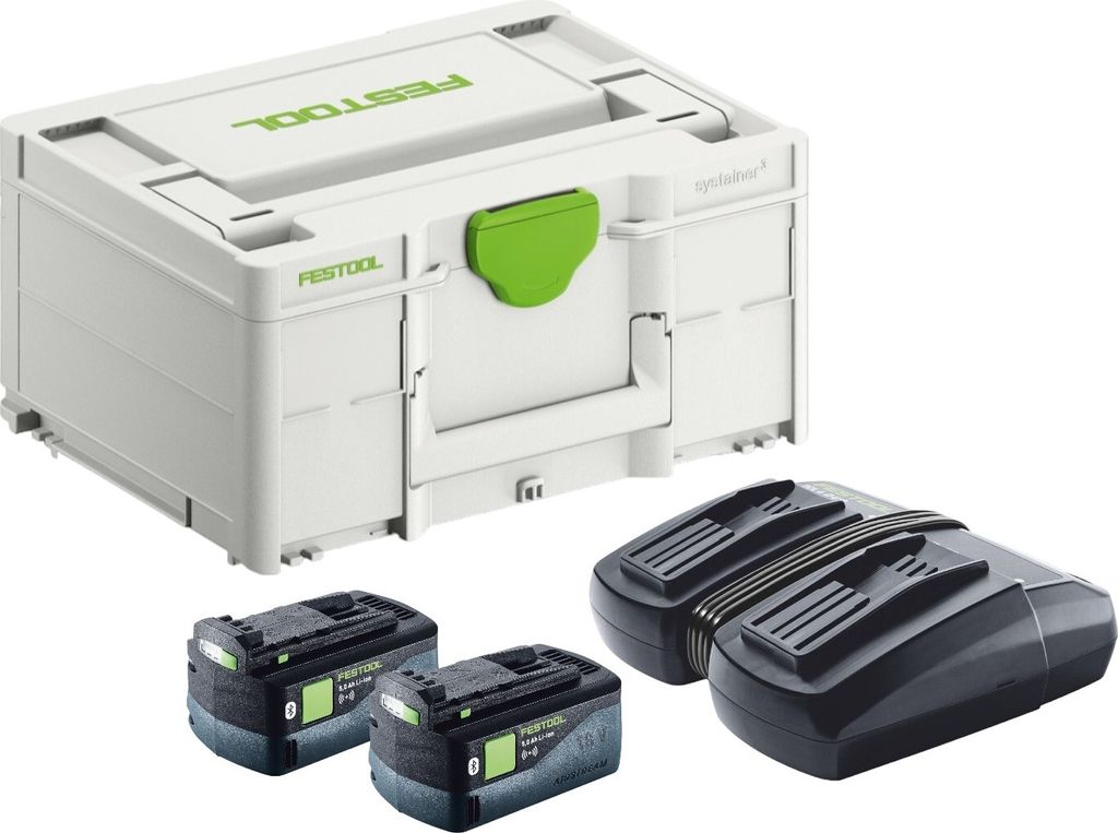 A white Festool storage box with two black battery packs and a black dual charger.