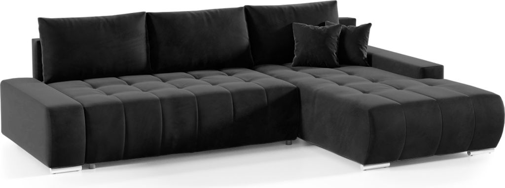 A black sectional sofa is shown against a white background.