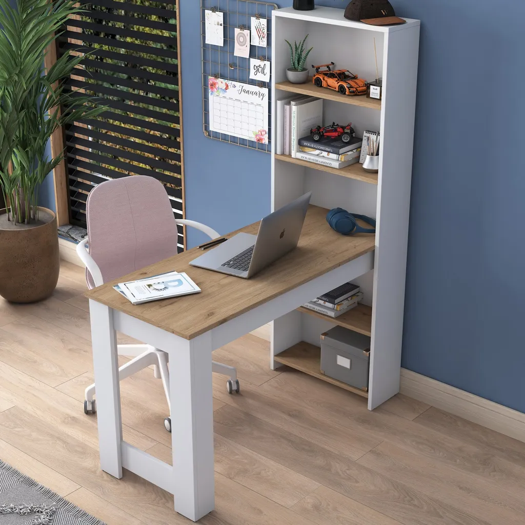 Bureau télétravail blanc 120 cm avec rangements verticaux gain de place