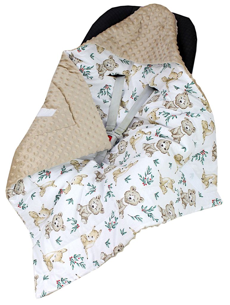 TupTam Baby Winter Einschlagdecke Babydecke 75x75cm für Autositz Babyschale Wattiert Minky Baumwolle Universal, Farbe: Rehlein / Bären / Beige / ...