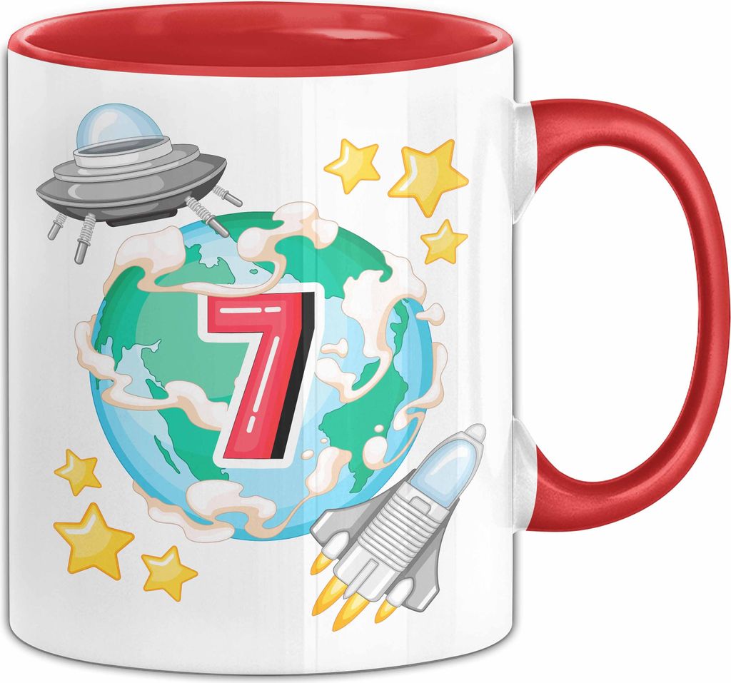 7. Geburtstag Geschenk Tasse Becher Jungs Mädchen Ufo Welt Galaxie (Rot)