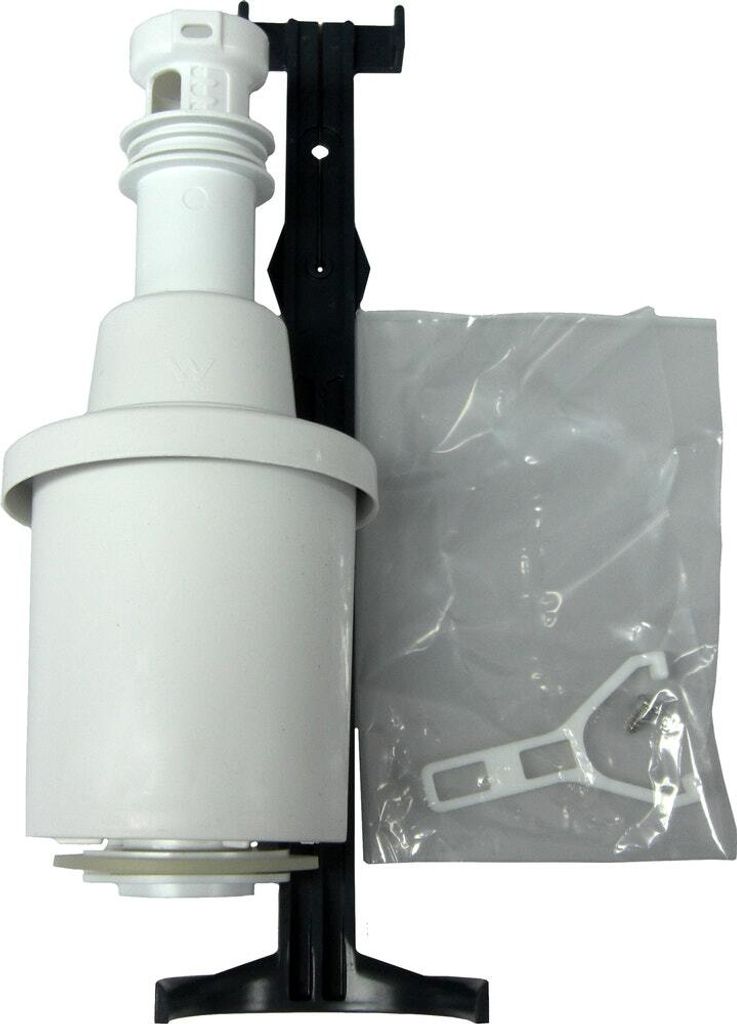 A toilet flush valve assembly with a black mounting bracket and a plastic bag containing accessories.