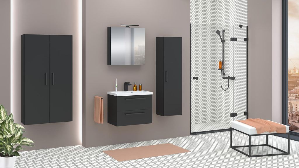 MONTIERT Badmöbel Set mit Waschbecken Keramik NICOLE 60cm SCHWARZ LED SOFTCLOSE Waschtisch Spiegelschrank 3 x Hochschrank