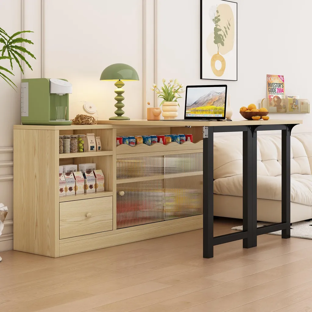 Sweiko Table à manger pliante extensible avec rangement Noir et Nature - 6