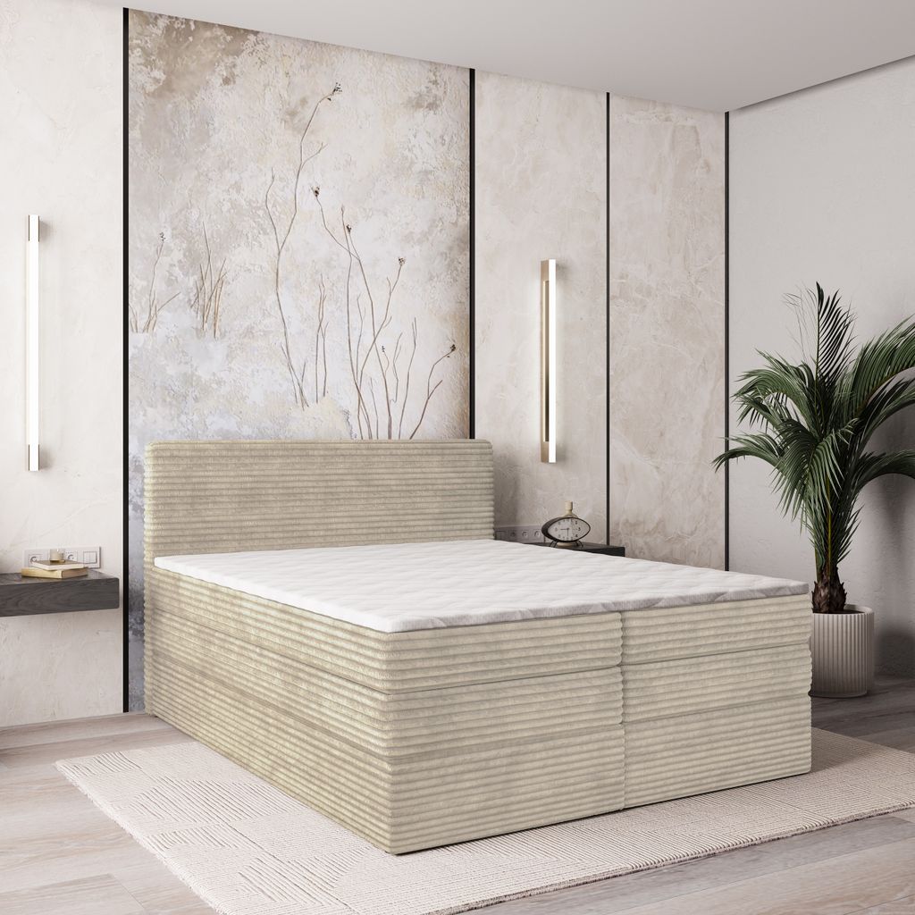 Masseno Boxspringbett LUNERA 140x200 cm Komplett-Set mit Bonell Matratze und Topper, Polsterbett mit Bettkästen -Creme, TILIA 03
