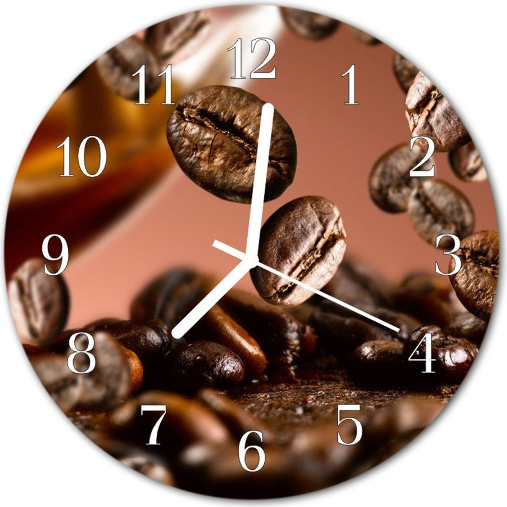 Glasuhr Wanduhr Küchenuhr Echt-Glas 30fi cm Kaffeebohnen braun