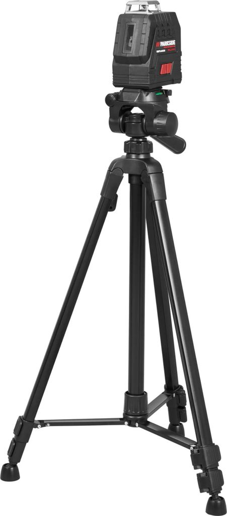 A black tripod with a laser level mounted on top, against a white background.