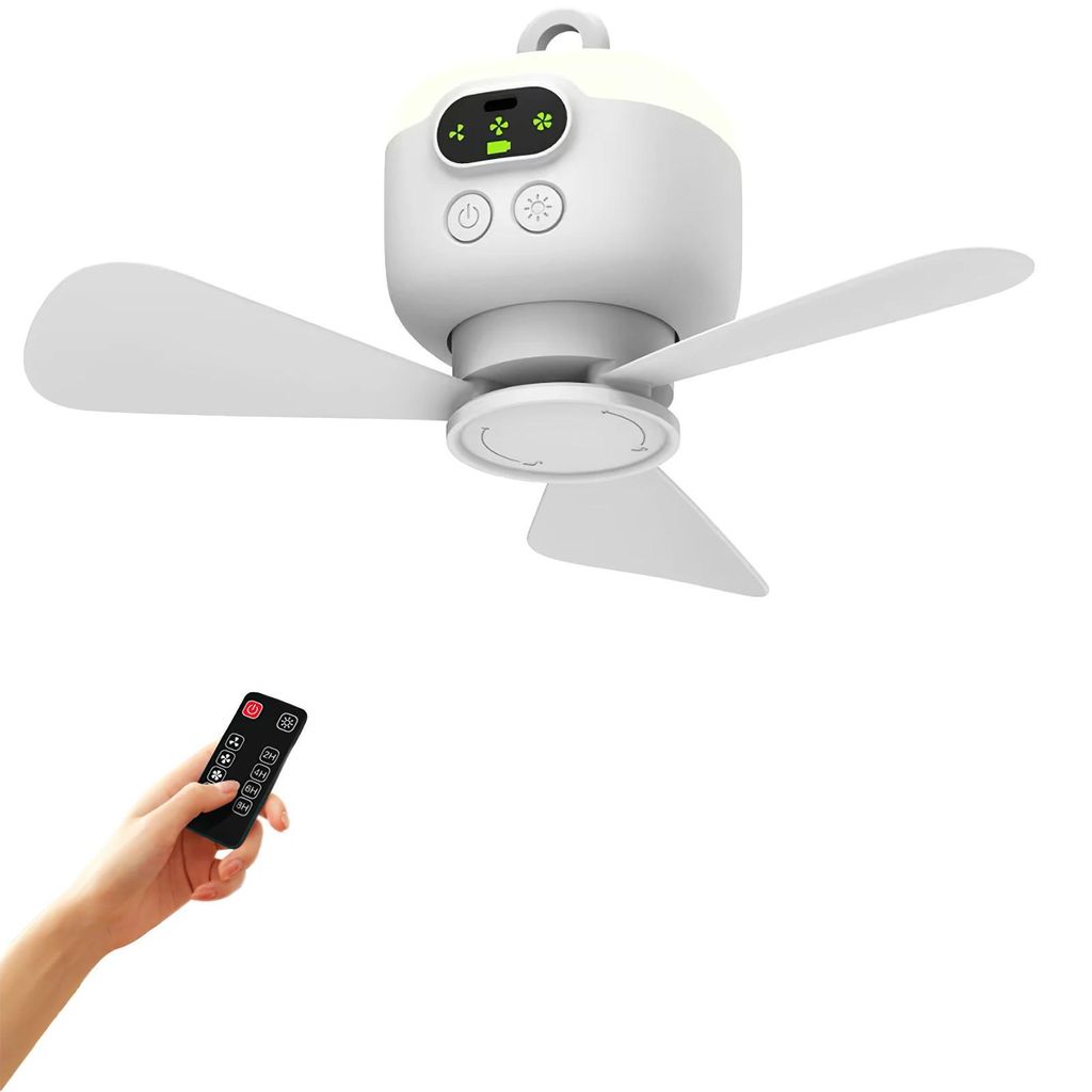 Tragbarer Deckenventilator - Camping Ventilator fürs Zelt - 8000 mAh Akku - USB wiederaufladbar - Fernbedienung - LED-Licht - Weiß