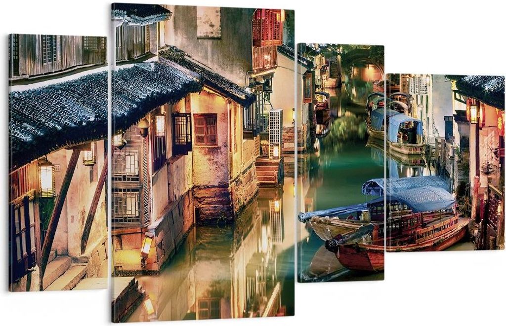 Bild auf Leinwand - Leinwandbild - 4 Teile - Chinesisch Stadt Nacht - 120x70cm - Wand Bild - Wanddeko - Wandbilder - Leinwanddruck - Bilder - Wandd...