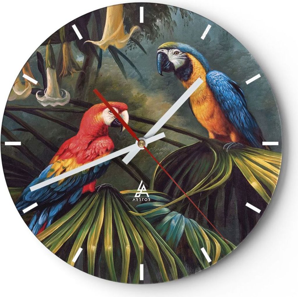 Wanduhr - Rund - Glasuhr - Ara Papageien Palmen - 40x40cm - Schleichendes Uhrwerk - Lautlos - zum Aufhängen bereit - Dekoration Modern - Wanddekor...