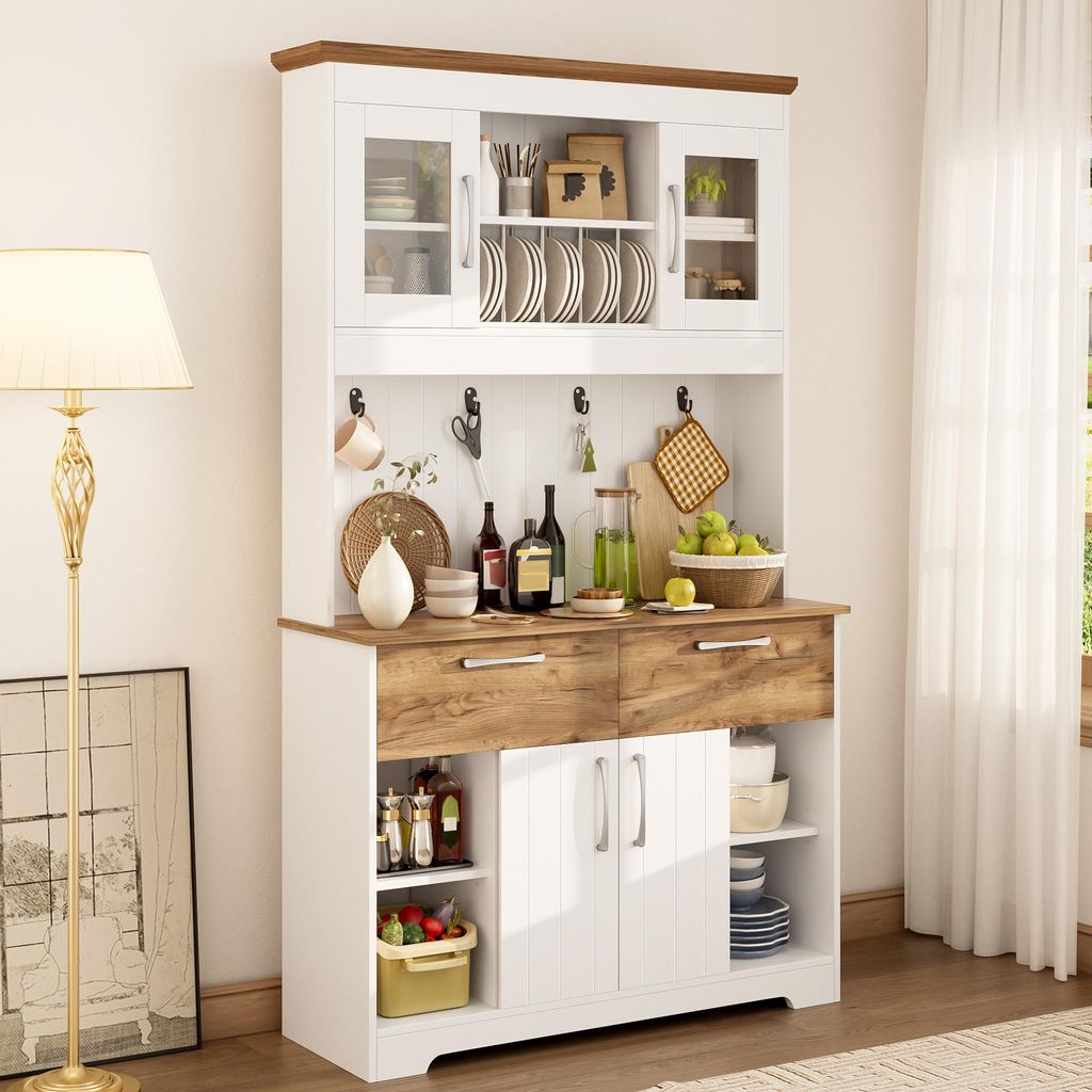 okwish Küchenschrank Sideboard mit 2 Schubladen und Hakenleiste Aufbewahrungsschrank Hochschrank mit Vitrinenfächern und offenen Fächern für K...