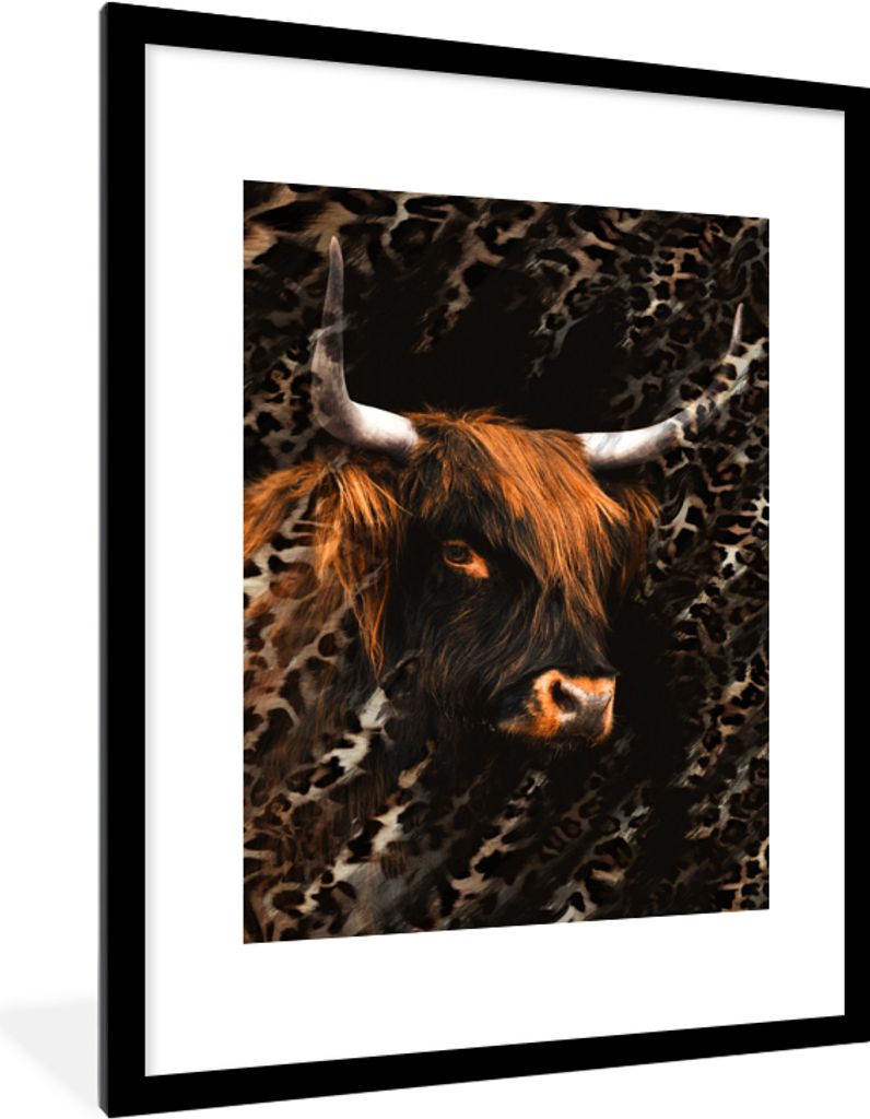 MuchoWow Gerahmtes Poster Schottischer Highlander - Pantherdruck - Kuh 60x80 cm - Poster mit Schwarzem Bilderrahmen Wandposter Rahmen Foto Bilder...