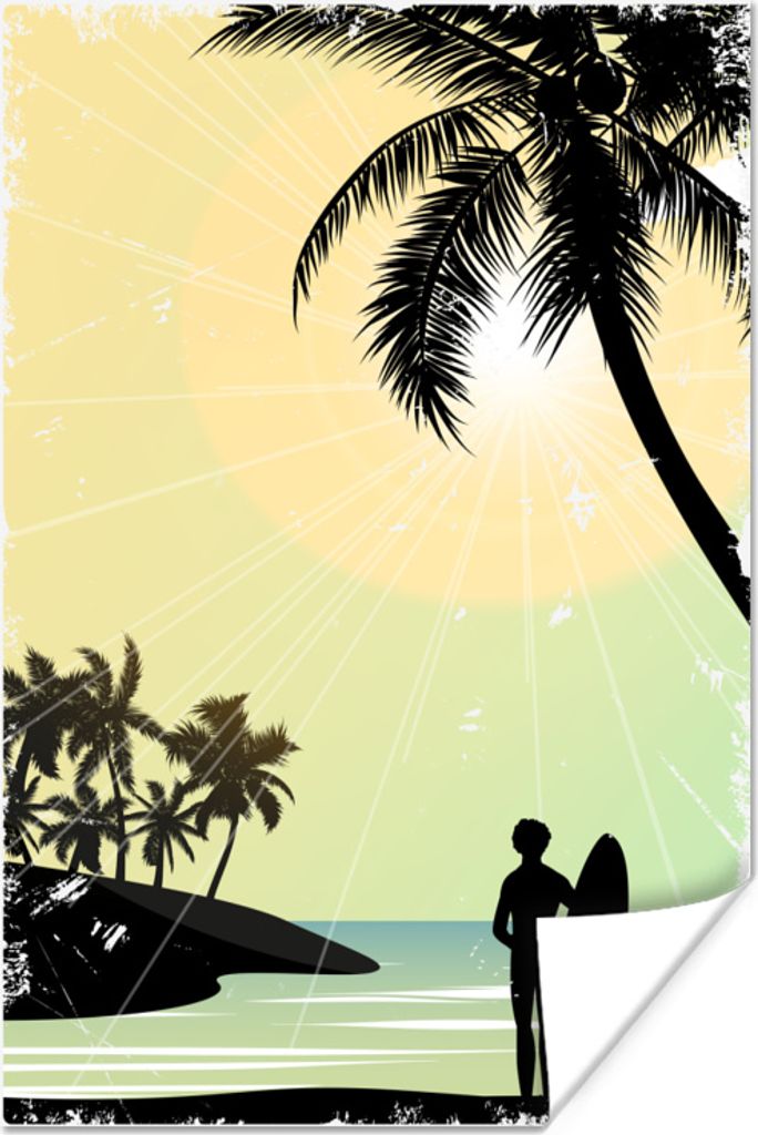 MuchoWow Poster Strand - Surfbrett - Sonne - Palmen 60x90 cm - Wanddekoration