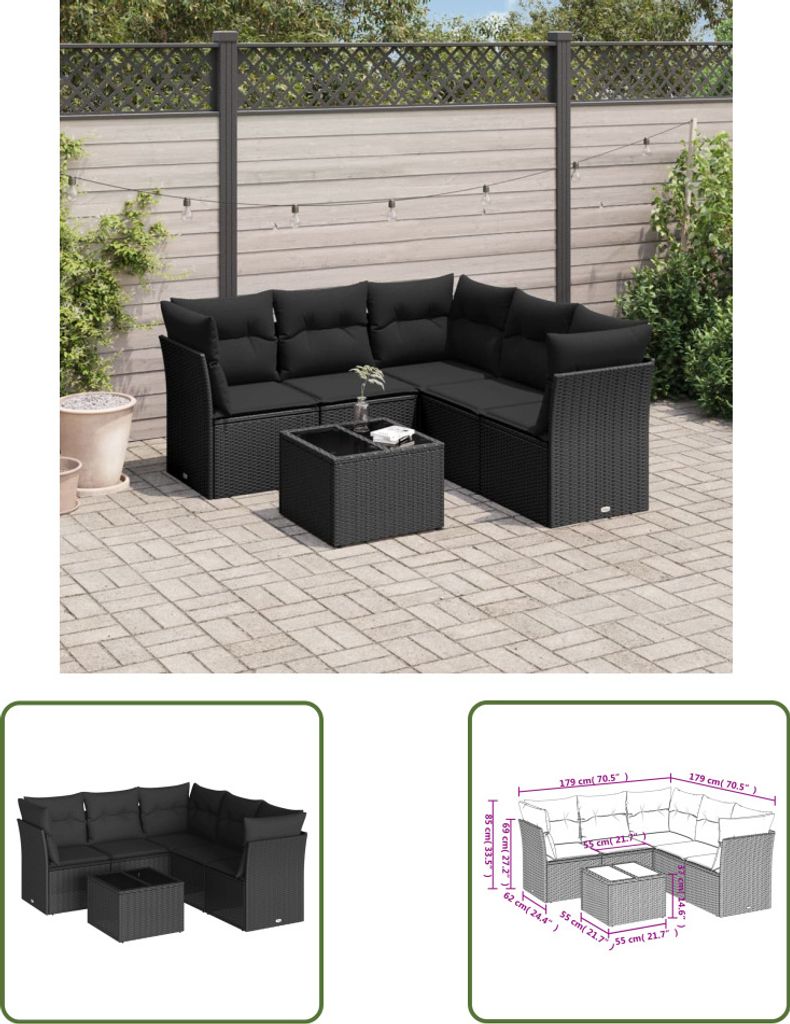 The Living Store 6-tlg. Garten-Sofagarnitur mit Kissen Schwarz Poly Rattan