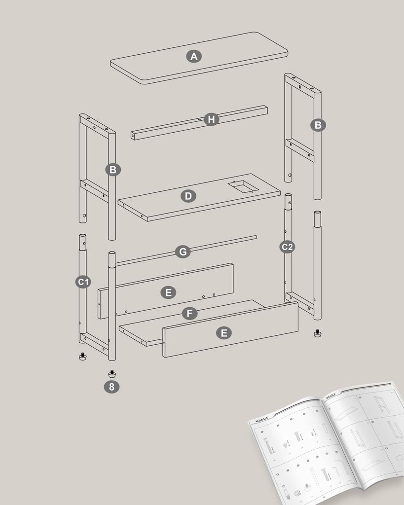 An exploded view diagram of furniture assembly components, with labels and a partial assembly manual in the lower right.