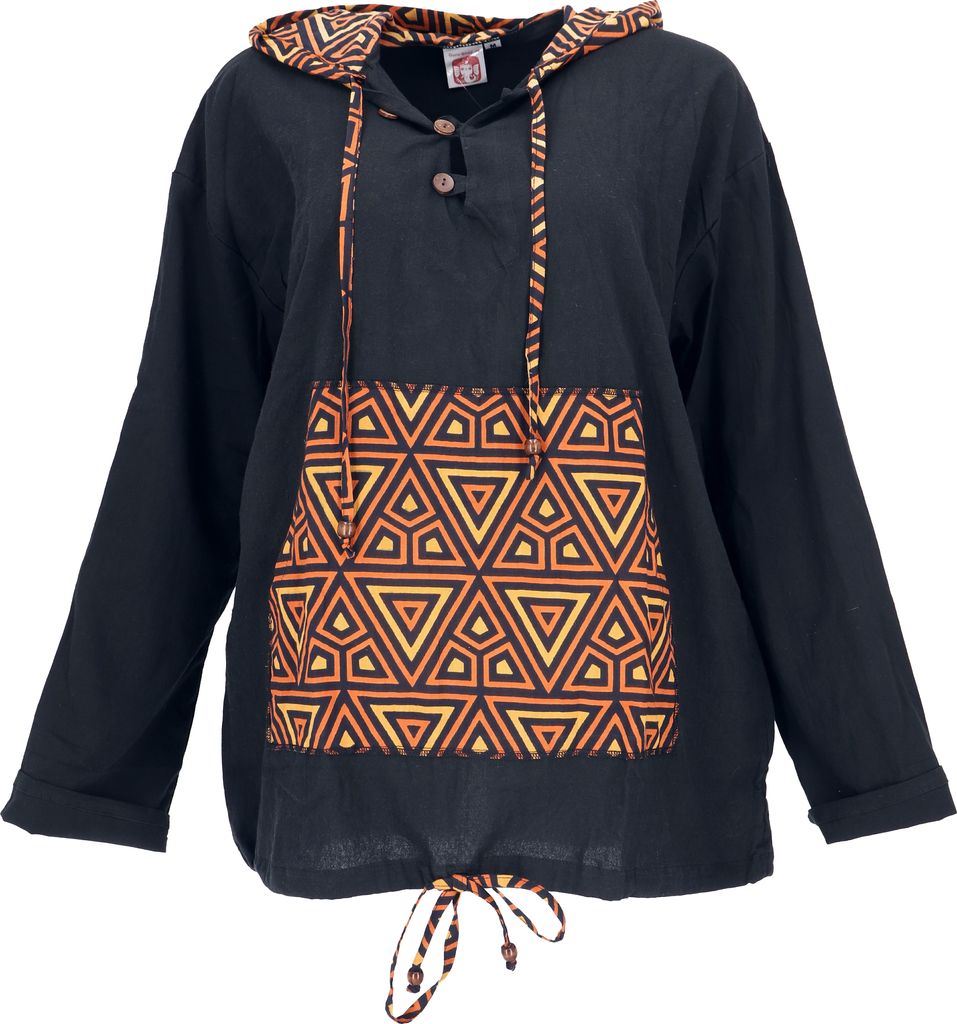 Ethno Kapuzenshirt, Hemdshirt mit Kapuze, Hoodie aus Baumwolle - Schwarz/kurkuma, Herren, Größe: S