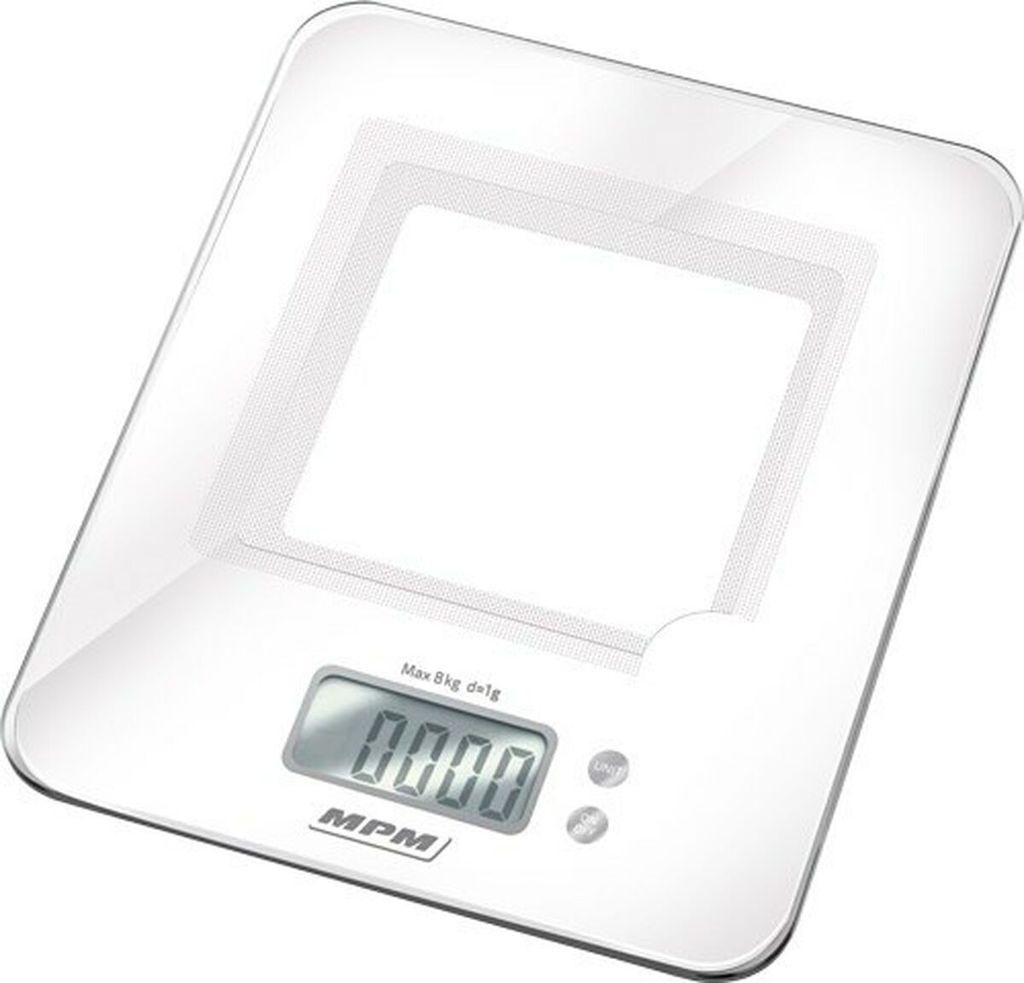 A white digital kitchen scale.