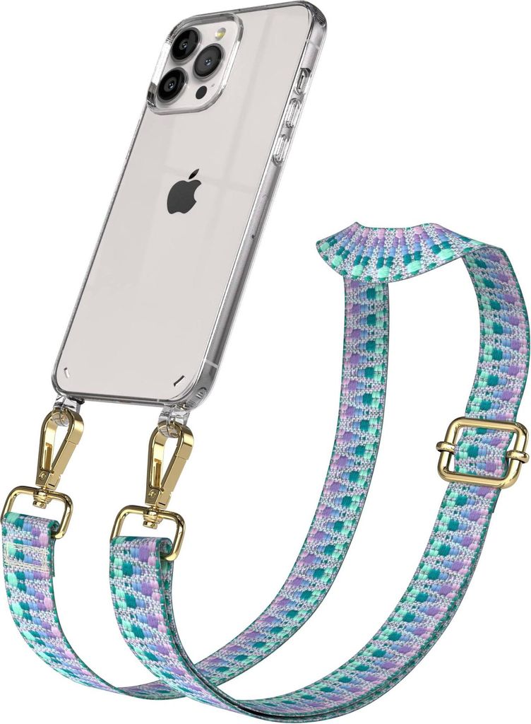 EAZY CASE Handykette - Verstellbarer Trageriemen kompatibel mit Apple iPhone 13 Pro Max, Handykordel mit transparenter Silikon-Hülle, Karabiner Go...
