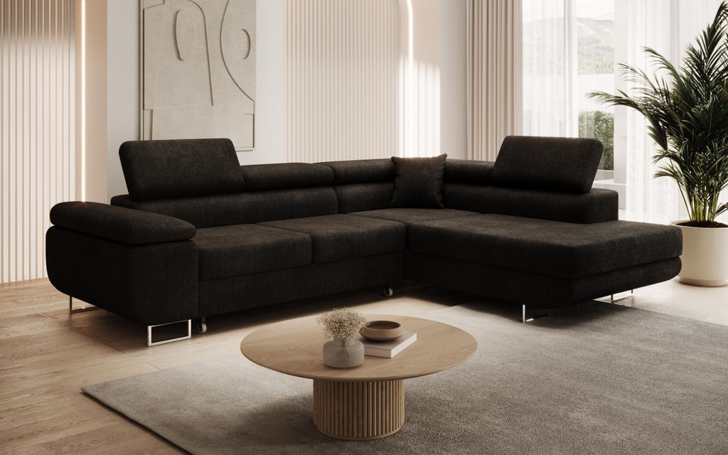 Modernes Ecksofa ASTON mit Schlaffunktion & Bettkasten, Ausziehbare Wohnlandschaft in L-Form, Stauraum, Schlafsofa, Rechts