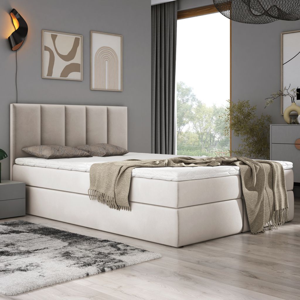 EMPORIUM Boxspringbett 140x200 cm Komplett-Set mit Matratze und Topper, Polsterbett mit zwei Bettkästen - BEIGE, MATT VELVET 08