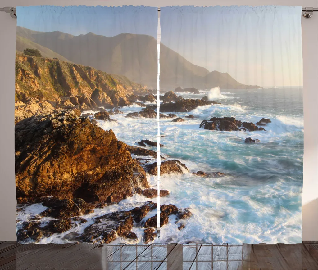 Rideau de Salon Imprimé Océan et Falaises 280x225 cm Multicolore