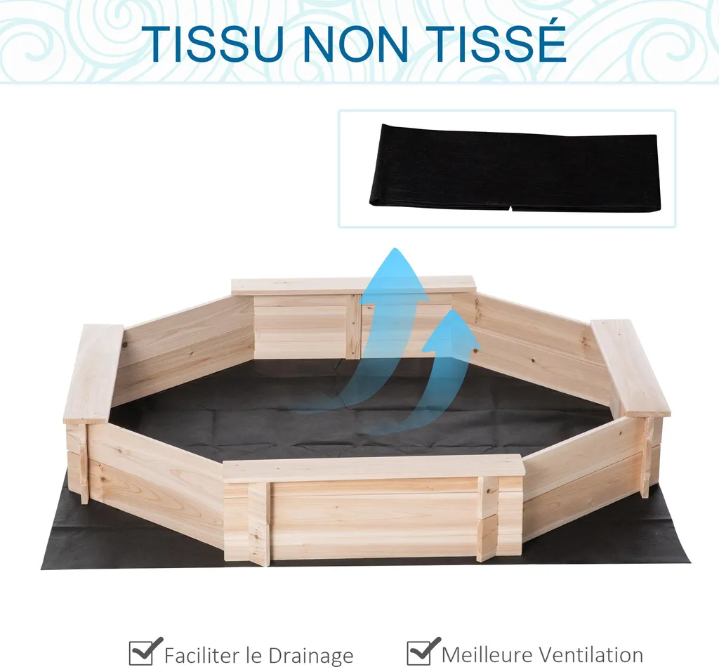 Outsunny Bac à Sable Octogonal en Bois Massif 140cm avec Bancs et Bâche
