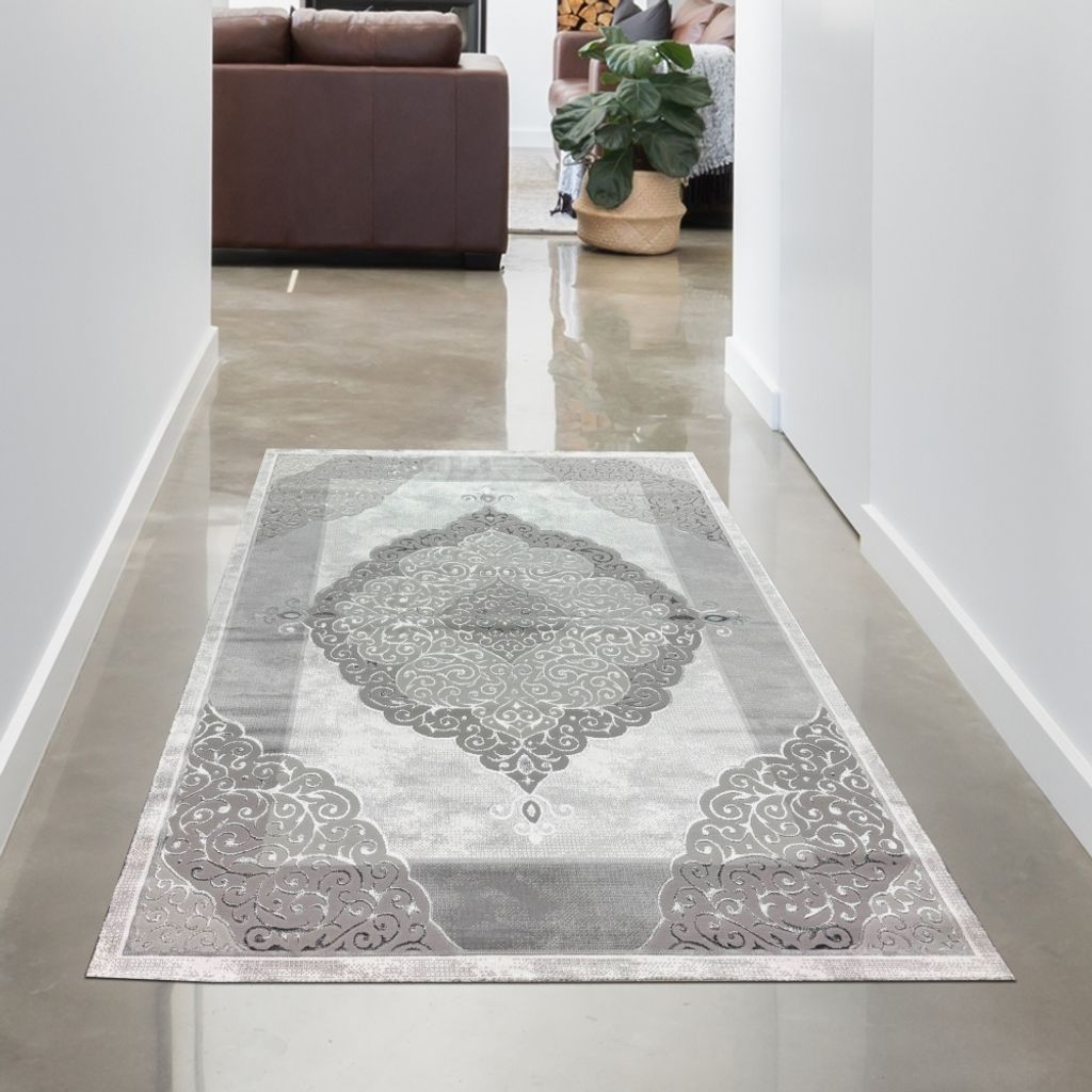 Designer Teppich Wohnzimmerteppich Ornamente barock creme grau Größe - 80 x 150 cm