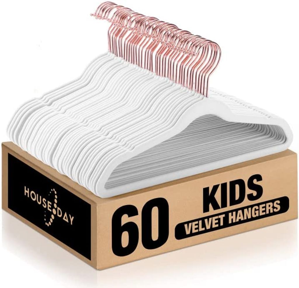 HOUSE DAY Kleiderbügel Kinder 60x, Rutschfest Kinderkleiderbügel Samt, Platzsparend 0,6cm dick, 35,5cm breit für 3-15 Jahre, Weiß