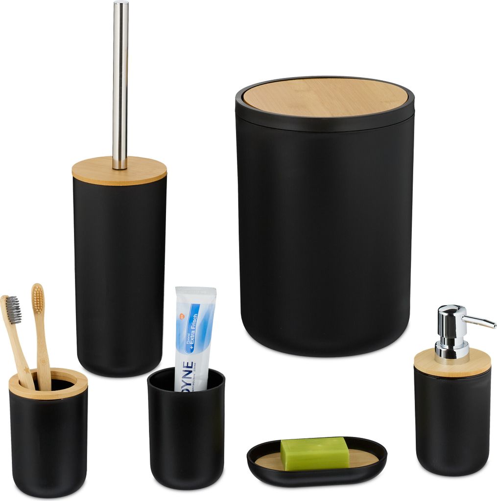 Relaxdays Badezimmer Set, 6-teilig, Badaccessoires Kunststoff, Bambus, komplette Badezimmerausstattung, schwarz/natur