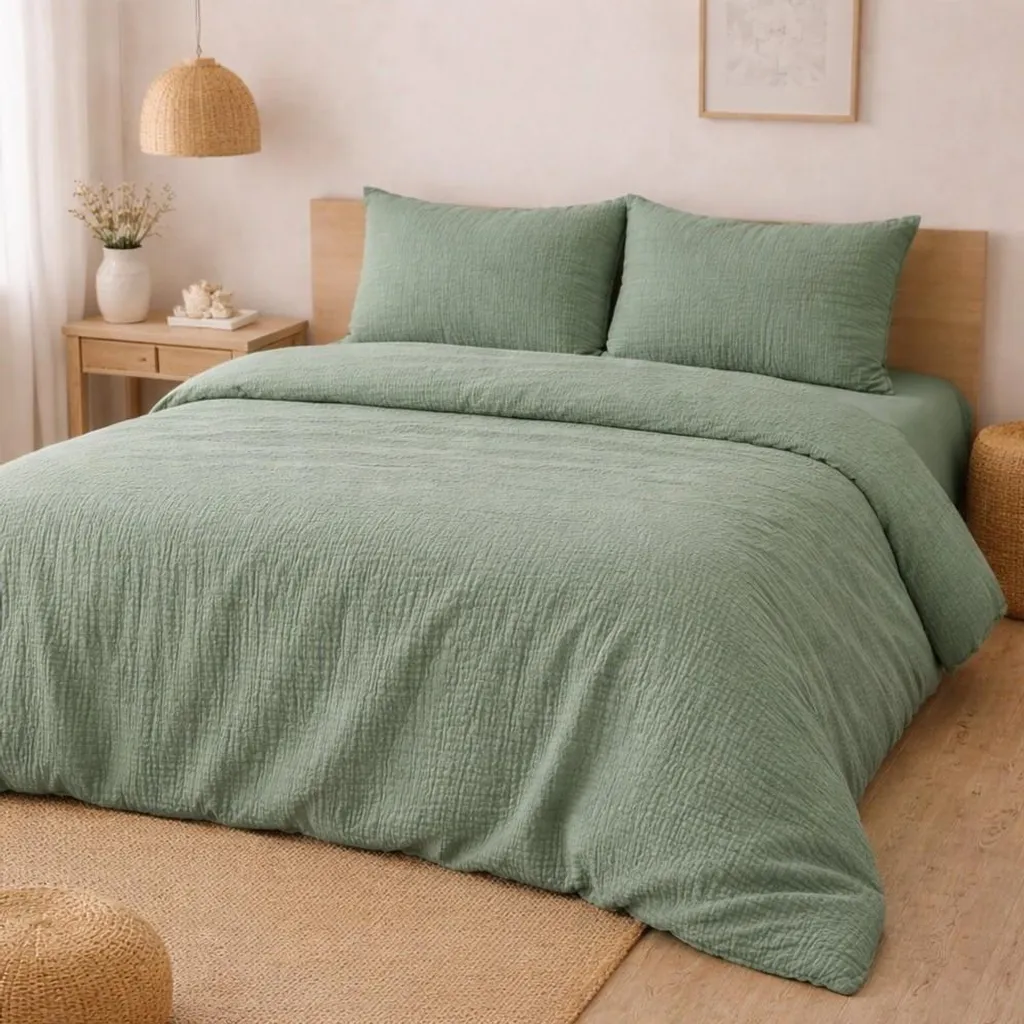 Housse de couette 240x220 en gaze de coton Sauge avec taies d'oreiller