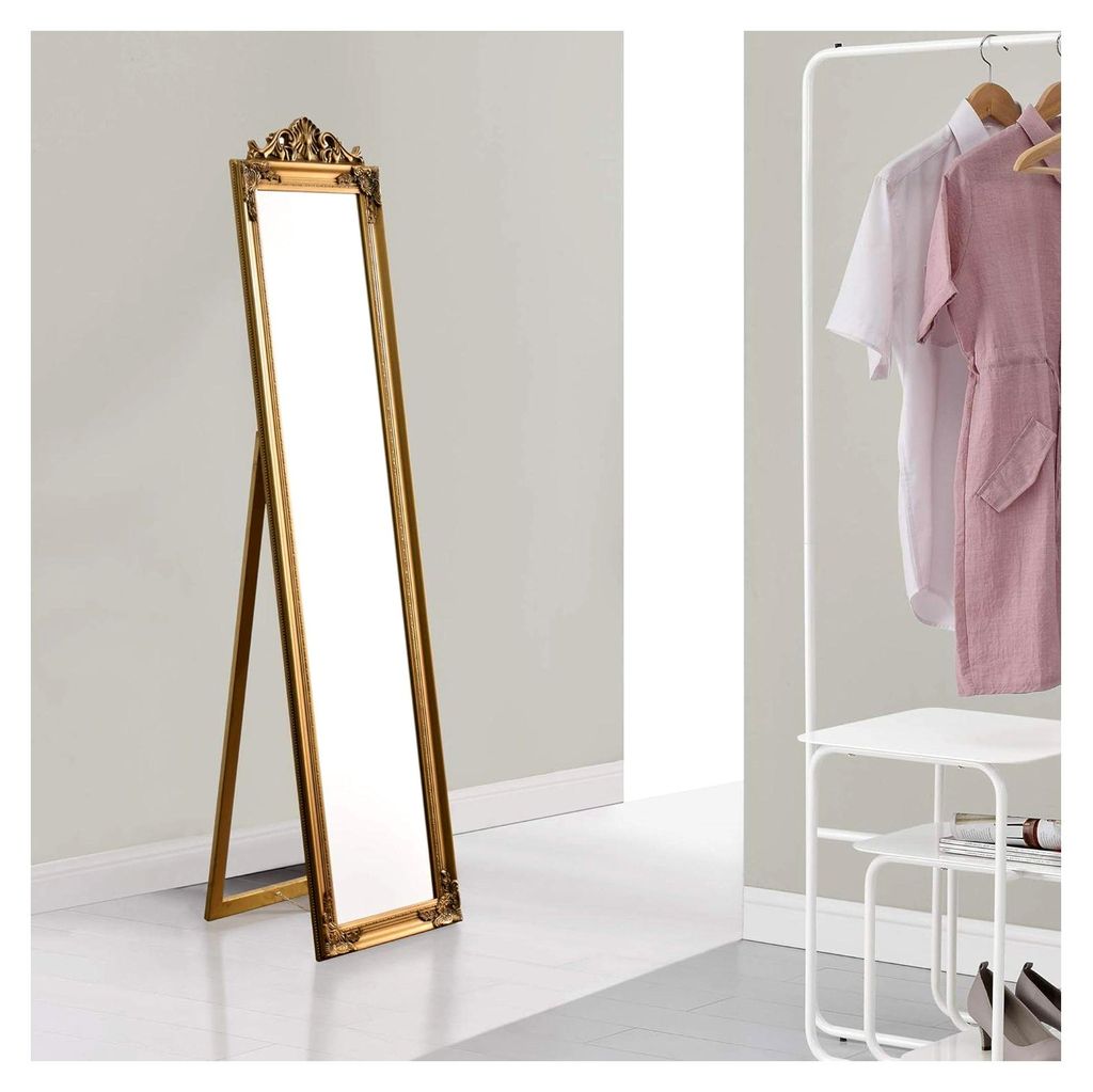 Ganzkörperspiegel Arezzo Standspiegel mit Eukalyptusholzrahmen 140 x 29 cm neigbar Bodenspiegel für Schlafzimmer im Barock-Stil goldfarben